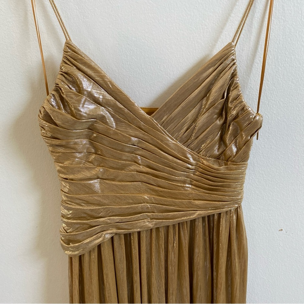 Retrofete Doss Dress Gold Metallic Ruched V-Neck Gown with Thigh Slit - Picture 7 of 10